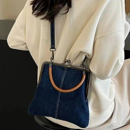 New Vintage Style Women Handbag Fashionable Navy Blue Designer Shoulder Bag Versatile Lady‘s Denim Purses Crossbody Bags