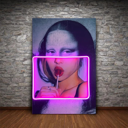 Mona Lisa with Lollipops Neon Pop Art Canvas Print Posters Canvas Painting Abstract Portrait Fashion Wall Art Picture Home Decor