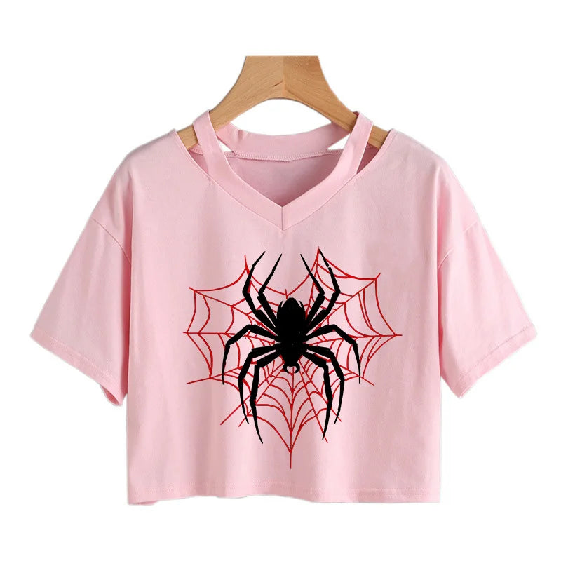 Women 's Sexy Cropped T Shirt Woman Graphic Gothic Spider Printed Tshirt Spring Summer Vintage Crop Tops 90s Clothes