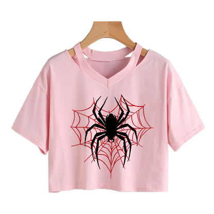 Women 's Sexy Cropped T Shirt Woman Graphic Gothic Spider Printed Tshirt Spring Summer Vintage Crop Tops 90s Clothes