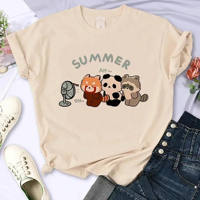 Cartoon Casual Creative T-shirt Vintage Round Neck Clothes Funny Cute Panda Printed T Shirt for Women Summer Sleeve