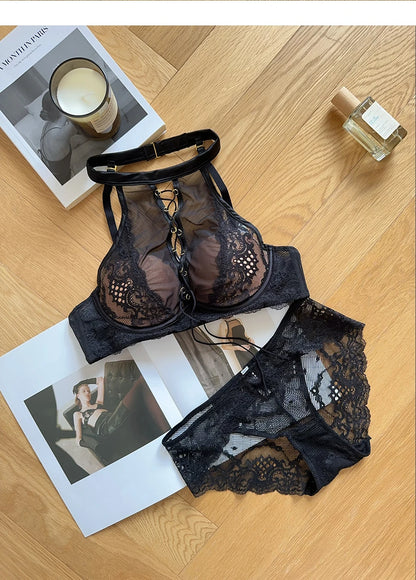Luxury French Lace Halter Bra Small Chest Push-Up Sheer Bralette Seductive Allure Black Lingerie Set Wire-Free Comfort MOYISU AB