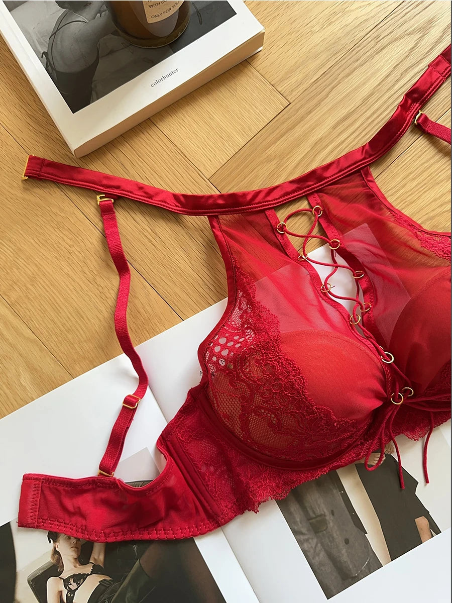 Luxury French Lace Halter Bra Small Chest Push-Up Sheer Bralette Seductive Allure Black Lingerie Set Wire-Free Comfort MOYISU AB