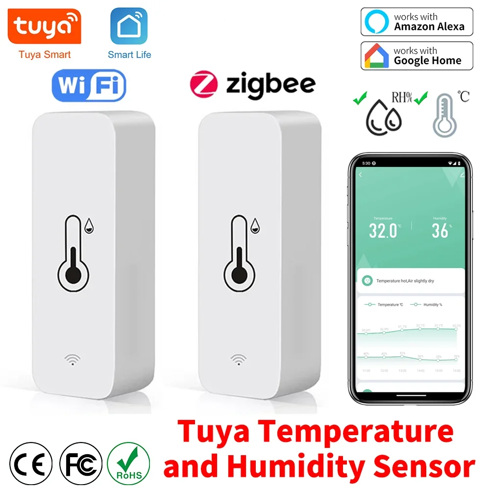 Tuya Zigbee WiFi Smart Temperature And Humidity Sensor Battery Powered ZigBee Smart Home Security Work With Alexa Google Home