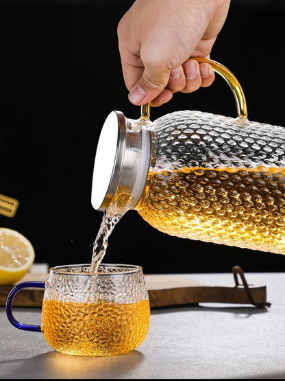 JUSTINLAU Cold Water Jug Heat-resistant Glass Teapot Large Capacity Rice Grain Pattern Boil Water Kettle for Kitchen and Dining