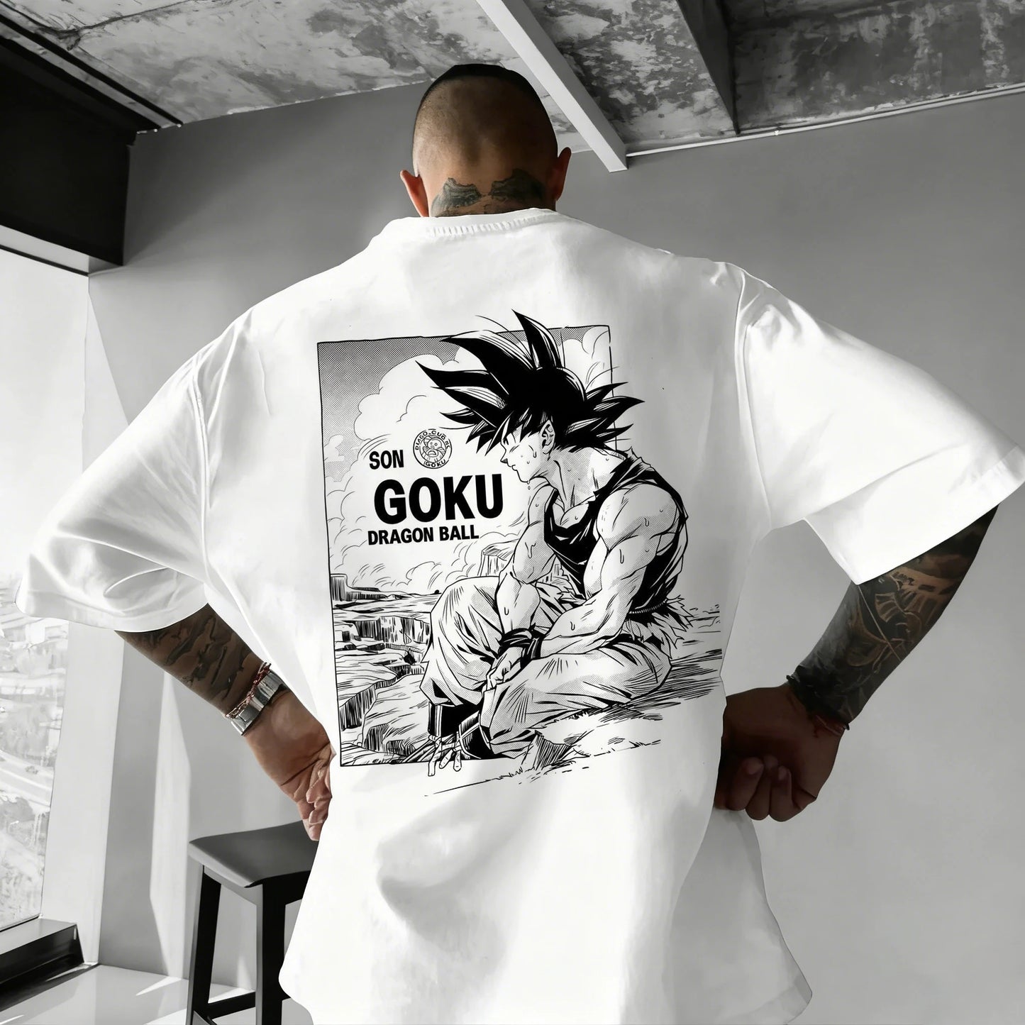 2026 Summer Dragon Ball Oversized T-shirt High Quality 100% Cotton Kid Goku with Power Pole Line Art Print UnisexCasual Y2K