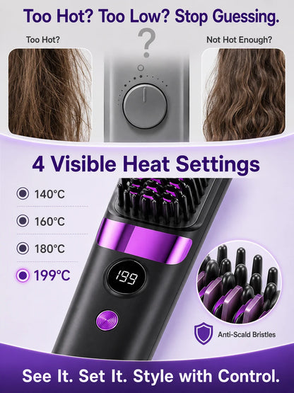 Electric Hair Straightening Brush Hot Comb Hair Straightener USB Rechargeable Wireless Portable Hair Straightener