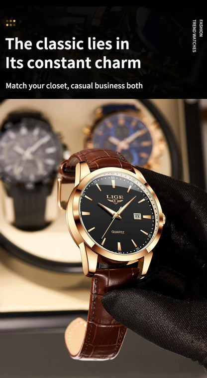 LIGE Military Watch For Men Fashion Business Watch Men Casual Leather Sport Waterproof Men's Quartz Wristwatches Reloj Hombre