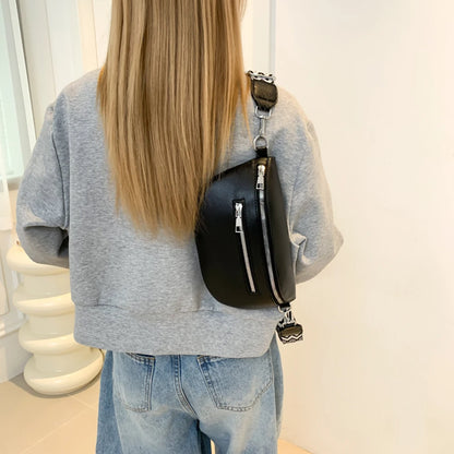 2024 Luxury Designer Women's Chest Bag PU Leather Wide Strap Shoulder Crossbody Bag Female Fashion Fanny Pack Banana Waist Bag