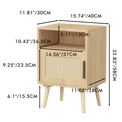 Nightstand with Door and Open Shelf Rattan Bedside Table for Compact Bedrooms Apartments