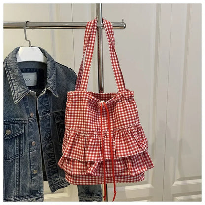 Cute Plaid Cotton Tote Bag Large Capaci Lace Trim Women's Summer 2026 Simple Lady Handbag Soft Shoulder Bags Bolsa Feminina