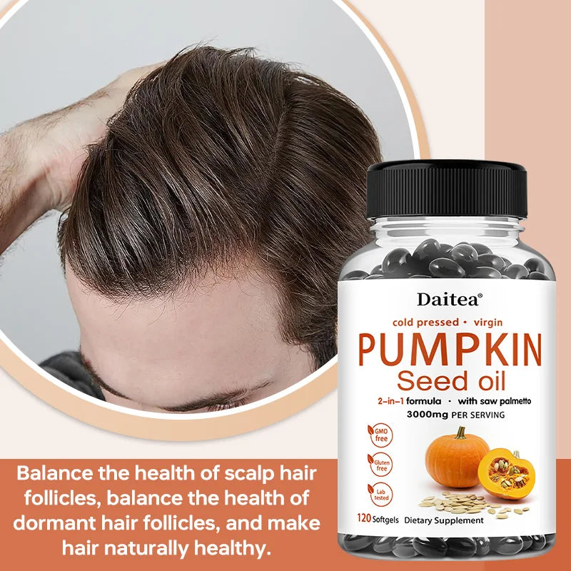 Pumpkin Seed Oil + Saw Palmetto Extract, Supports Prostate and Urinary System Health, Hair Care, Anti-Hair Loss, Men's Health