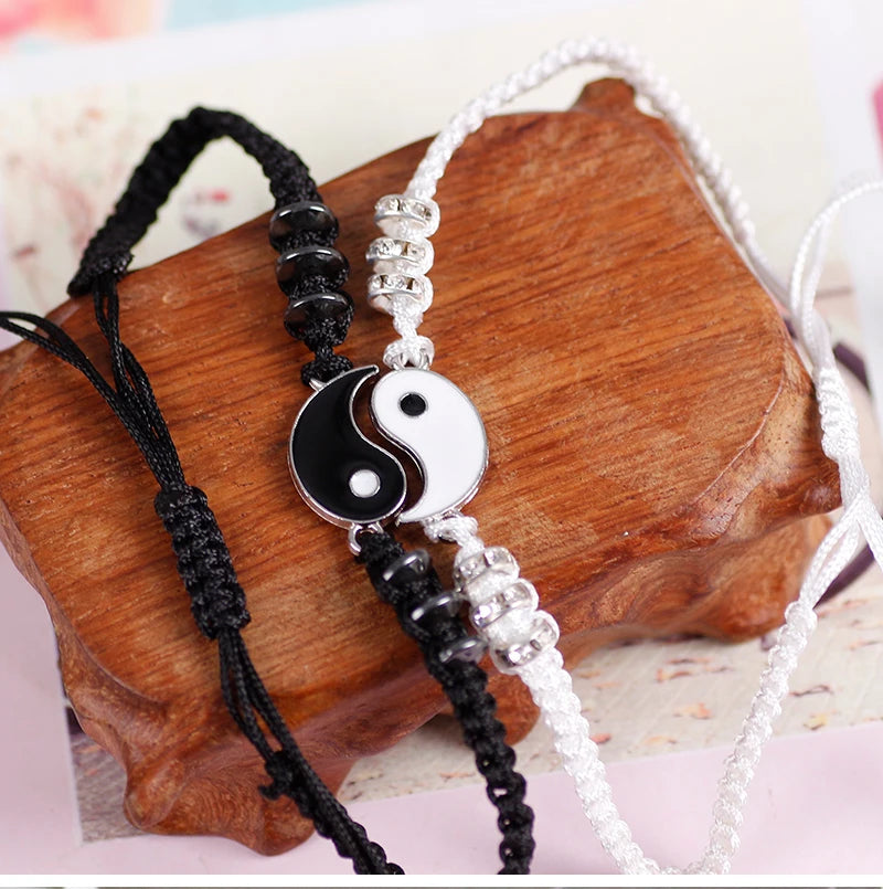 Couple Bracelets Rings Yin Yang Tai Chi Alloy Pendant Adjustable Braid Chain Necklace Matching Lover Bracelet Necklace Earring