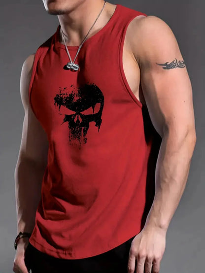 Men's Solid Color 3D Skull Print Sleeveless Round Neck Top For Daily Sports and Fitness Fashionable Round Neck Breathable Vest