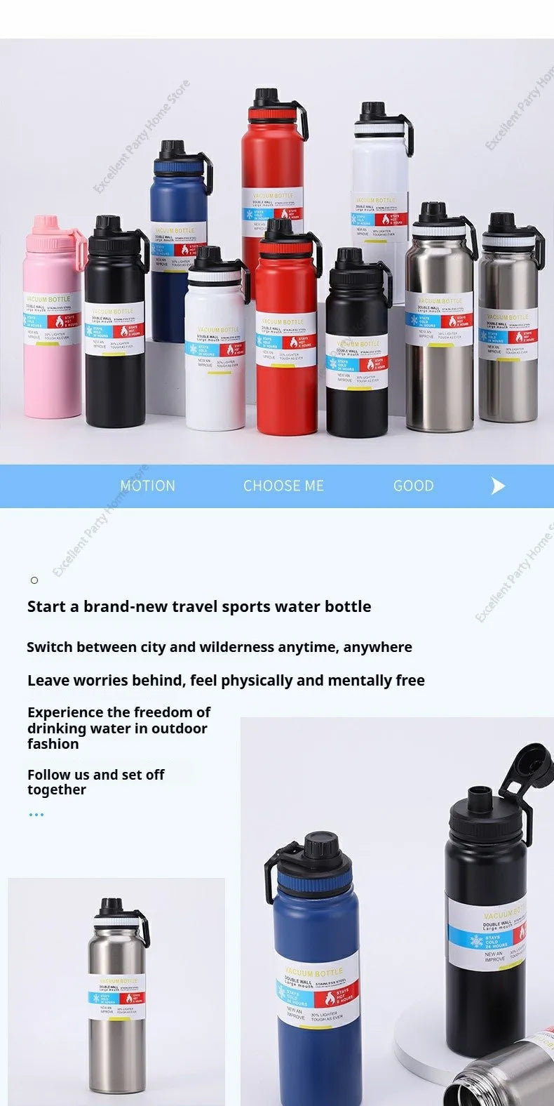 600/800/1000ML Sport Vacuum Flask Stainless Steel Thermal Water Bottle Car Insulated Cup Keeps Cold and Heat Travel Thermal Mug