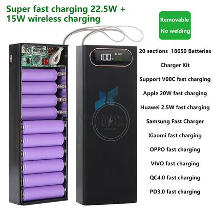 20*18650 Detachable Power Bank Case 22.5W PD QC3.0 Quick Wireless Charging DIY Shell With LED Lighting 18650 Battery Storage Box