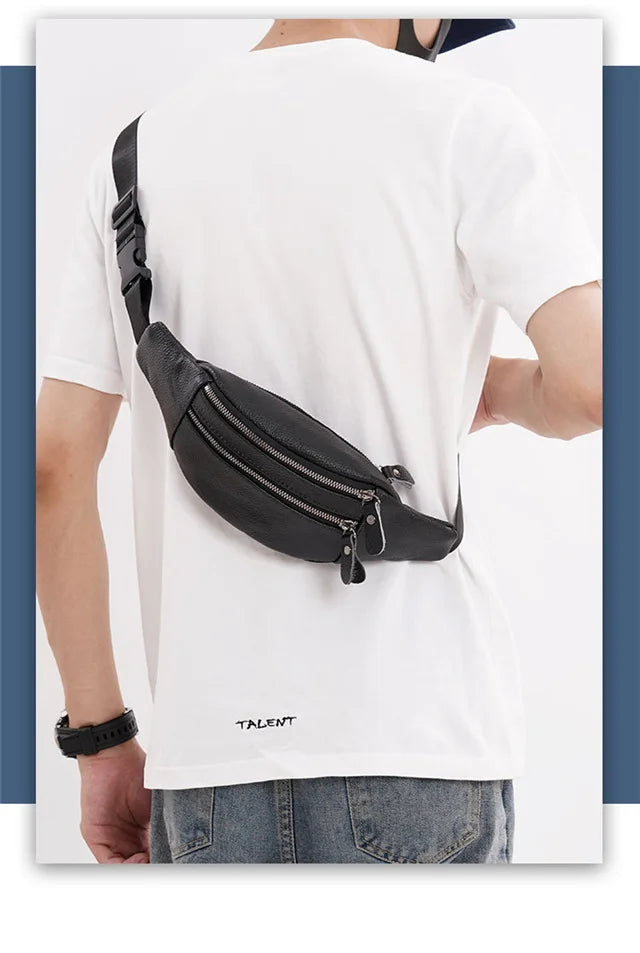 Men's Genuine Leather Chest Bag Double Zipper Cowhide Fanny Pack Casual Crossbody Sling Bag for Daily Commute & Travel