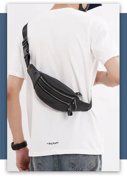 Men's Genuine Leather Chest Bag Double Zipper Cowhide Fanny Pack Casual Crossbody Sling Bag for Daily Commute & Travel