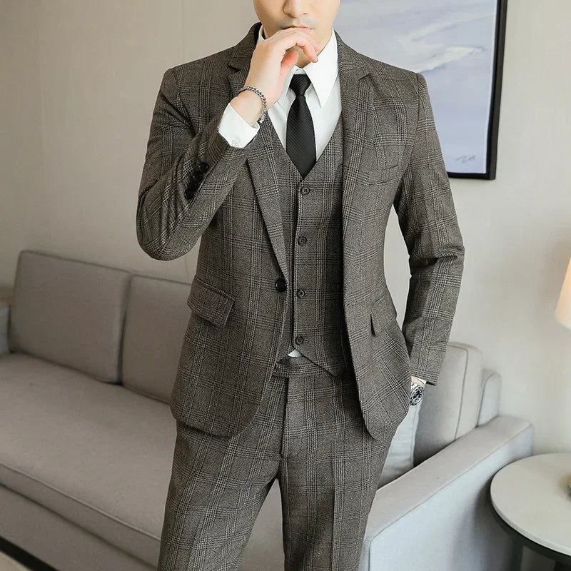 Hemp (blazer+Vest+Pants) Fashion Business Leisure Hosts Slim-fit Cotton Hemp Gentleman Wedding Work Wedding Suits for Men M-5XL