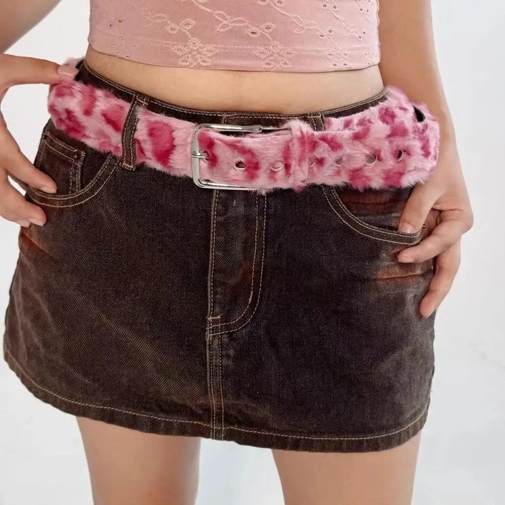 Retro Leopard Print Faux Fur Belt Y2k Pink Fur Belts Punk American Sexy Women's Waistband Winter Fluffy Waist Belt Accessories