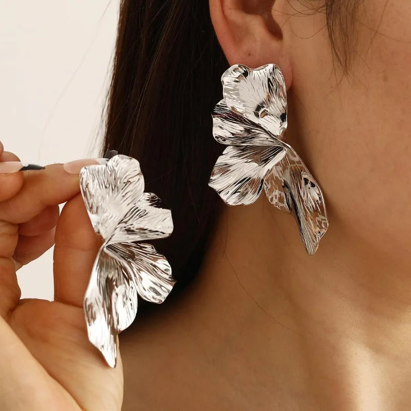 Stainless Steel Golden Double Layered Five Petal Flower Earring for Women Vintage Stripe Flower Dangle Earrings Jewelry Gifts
