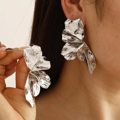 Stainless Steel Golden Double Layered Five Petal Flower Earring for Women Vintage Stripe Flower Dangle Earrings Jewelry Gifts