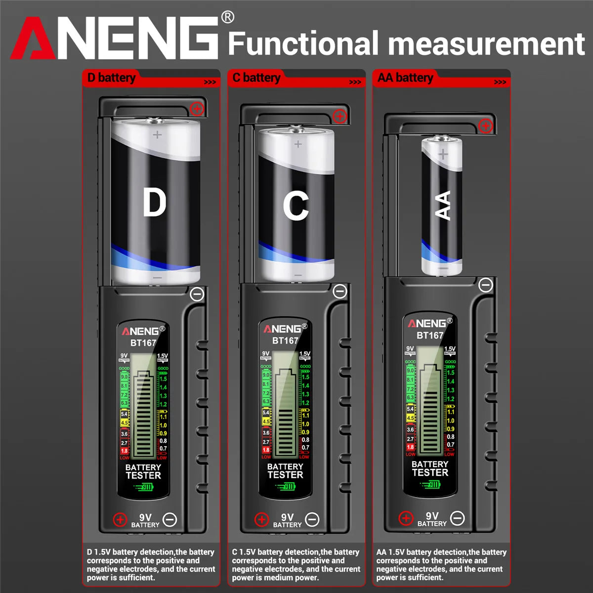ANENG BT167 household battery level tester does not require power supply to measure D/C/AA/AAA/9V/button battery level detector