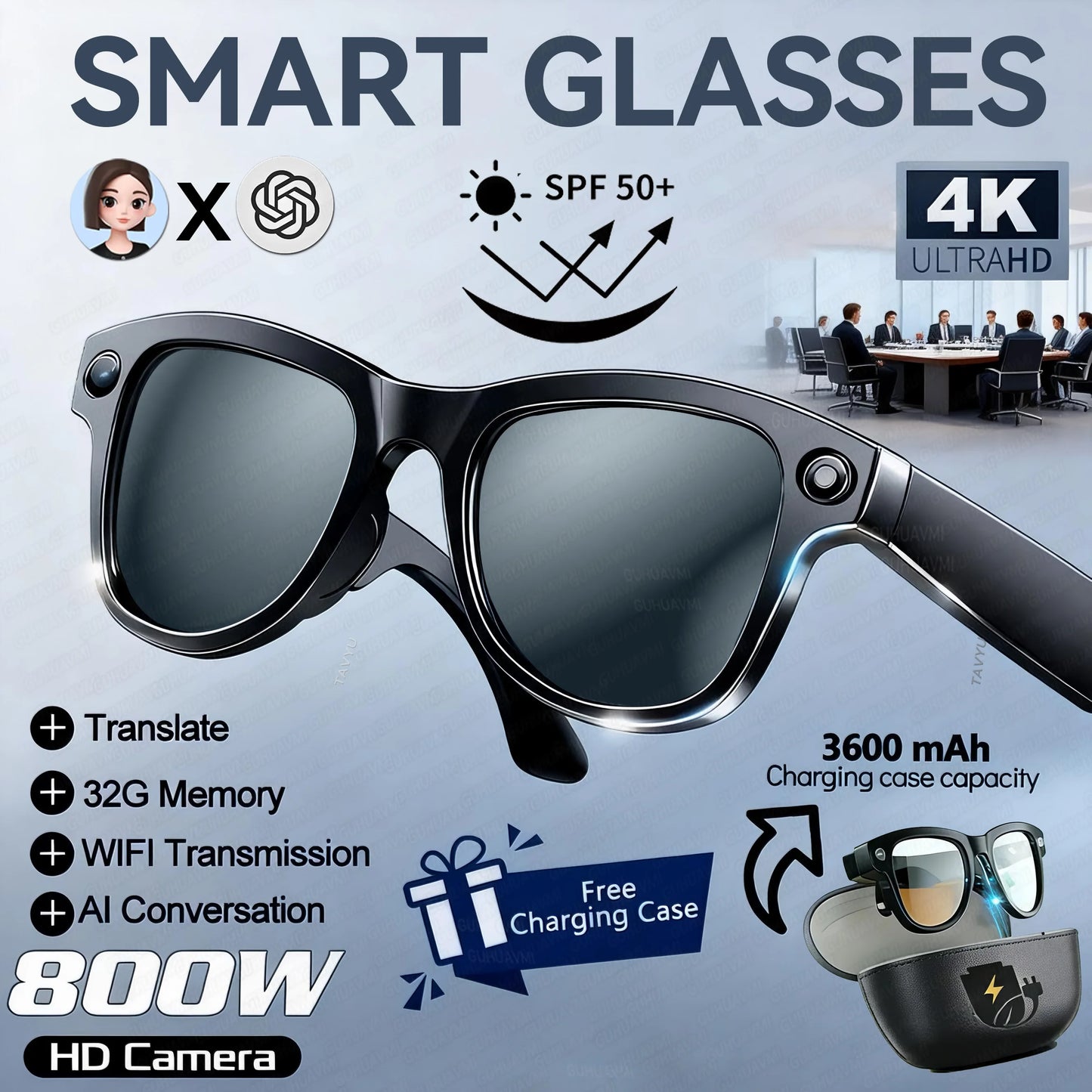 2026Nowe okulary AI z kamerą 8MP 4K HD Męskie 3600mAh Power Bank Pamięć 32G Okulary tłumaczące 160+ Wodoodporne inteligentne okulary przeciwsłoneczne Damskie