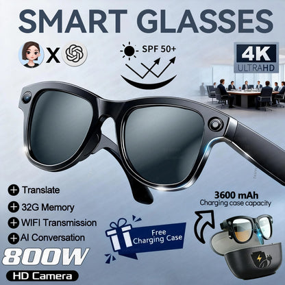 2026Nowe okulary AI z kamerą 8MP 4K HD Męskie 3600mAh Power Bank Pamięć 32G Okulary tłumaczące 160+ Wodoodporne inteligentne okulary przeciwsłoneczne Damskie