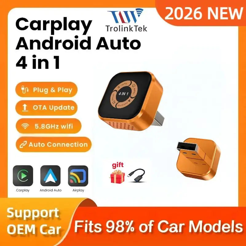 4in1 Wireless CarPlay Dongle Wireless Android Auto Adapter AI Smart Box Car Intelligent Systems For Car With Wired CarPlay