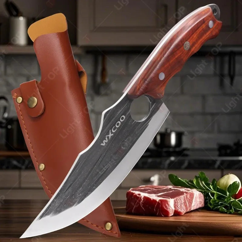 WXCOO Forged Butcher Knife Fish Boning Knife DIY Kitchen Stainless Steel Fruit Slicing Vegetable Chef Wooden Handle BBQ Cooking