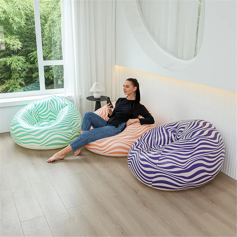 Portable Lazy Sofa Ball Shape Striped Inflatable Sofa for Outdoor Camping Picnic Comfortable Seat Cushion with Carry Bag