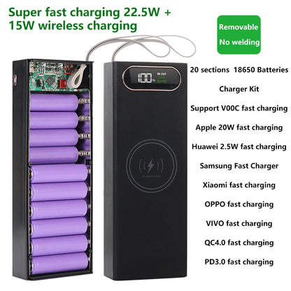 20*18650 Detachable Power Bank Case 22.5W PD QC3.0 Quick Wireless Charging DIY Shell With LED Lighting 18650 Battery Storage Box