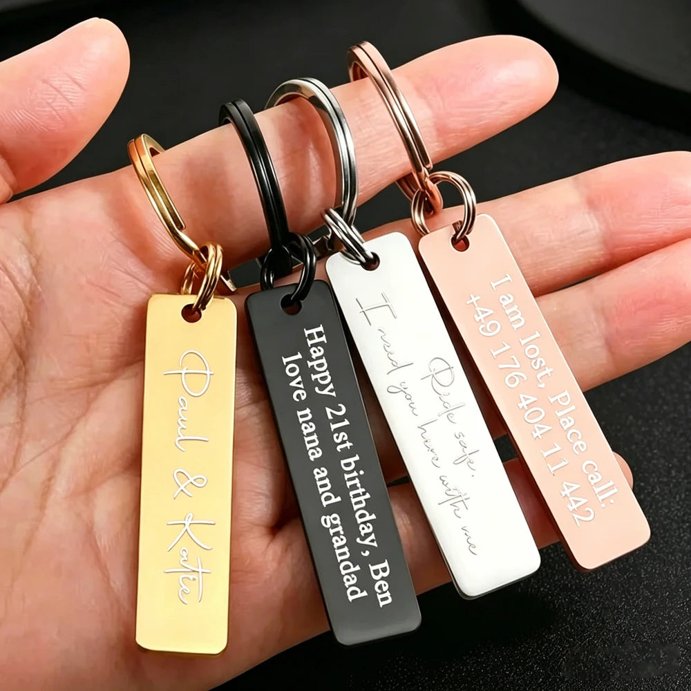 New Style Stainless Steel Custom Logo Name Keychain Rectangular Hang Tag Metal Key Ring Advertising Holiday Engraved Laser Gift