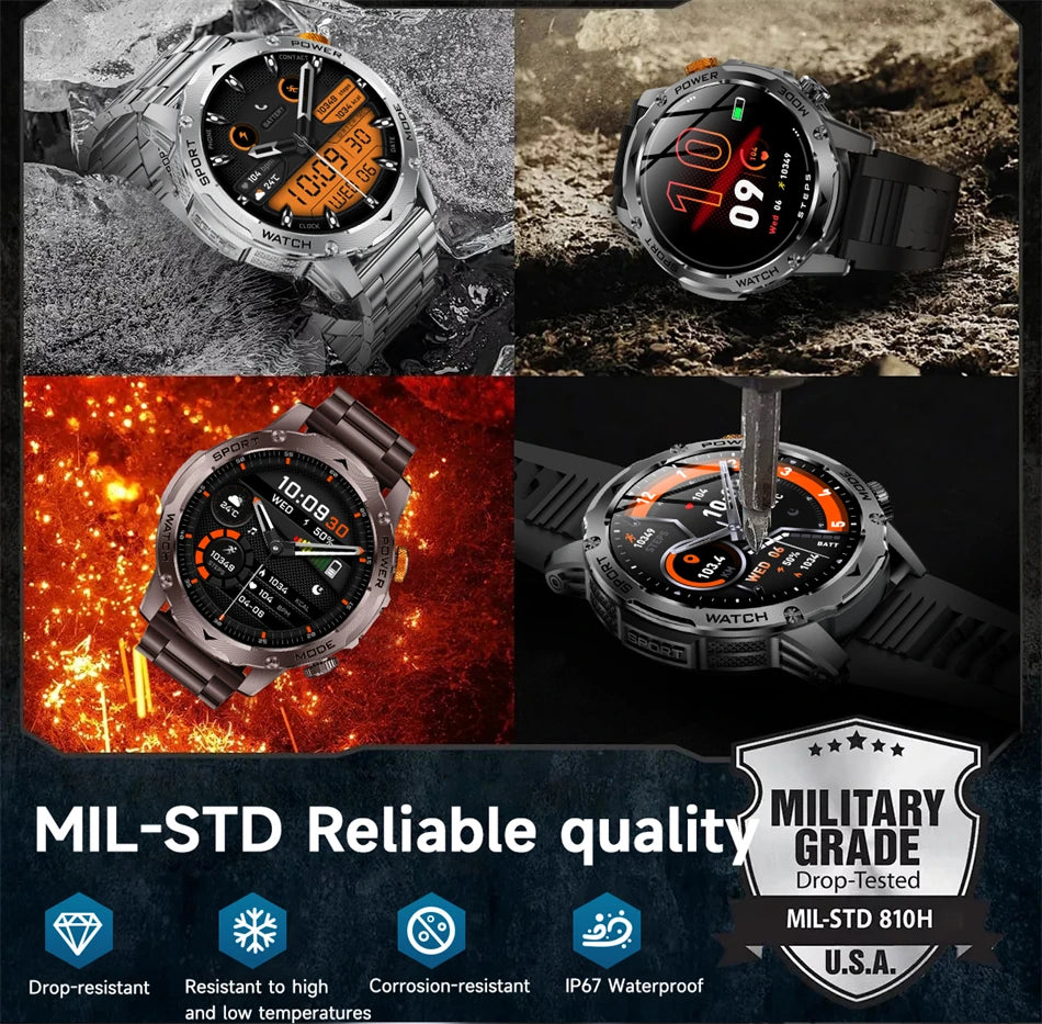LIGE Military Smart Watch Men 1000mAh Battery Outdoors LED Flashlight Waterproof Heart Rate Sport BT Call 1.7" AMOLED Smartwatch
