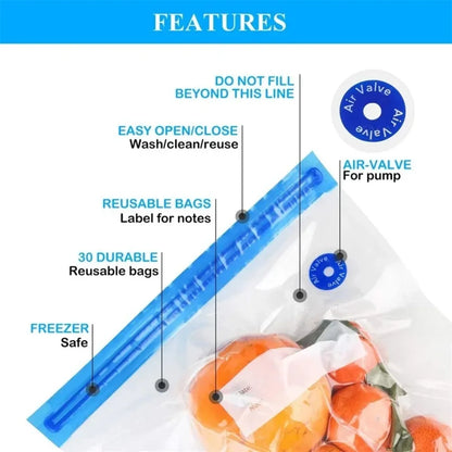 Reusable Vacuum Sealer Bags Food Storage Bag Household Vacuum Vegetable Food Sealer Bag With Hand Pump Sealing Clips