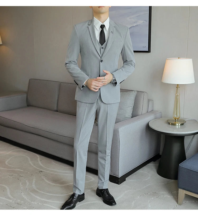 High-End Men's Wedding Suit 3-Piece Set Handsome Banquet Smart Casual Fashionable Three-Quarter Length Vest Trousers Four Season