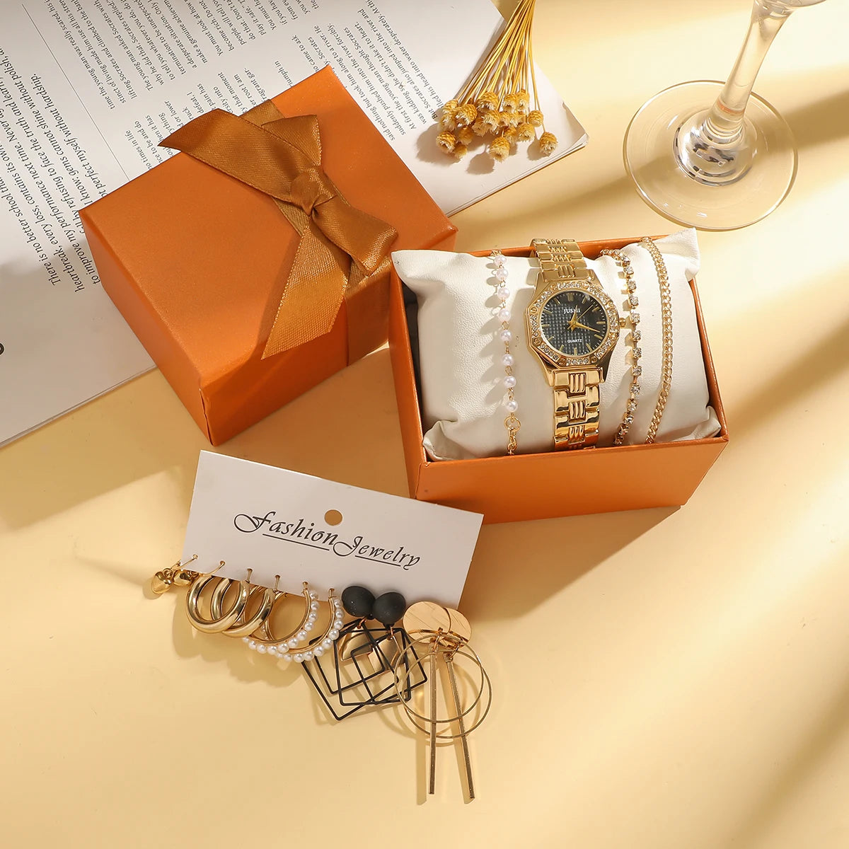 Fashionable Diamond Line Scale Octagon Case Round Dial Steel Band Women's Quartz Watch Set for Holiday Day Gift