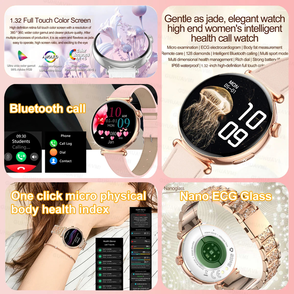 ECG Smart Watches Women 1.32 inch  AMOLED Screen Physical Examination Blood oxygen Pressure Fat Call Health ECG+PPG Smartwatch