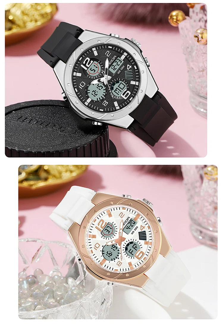 SANDA Luxury Ms LED Digital Sport Watch Fashion Casual Gold Wrist Watch Women Girl Military Waterproof Quartz Wristwatches 6062