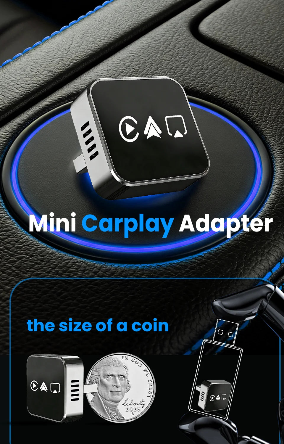 CarRocket 2026 4in1 New  Carplay Adapter Wireless Android Auto Mirror Link Smart MiNi AI Box USB Plug and Play Auto Connect WiFi