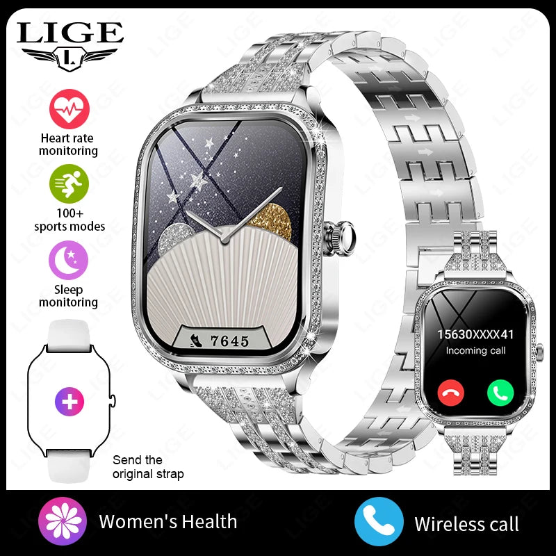 LIGE Fashion Design Women Smart Watch 1.75" Curved Screen Smartwatch Bluetooth Call Clock IP68 Waterproof Diamond Case Bracelet