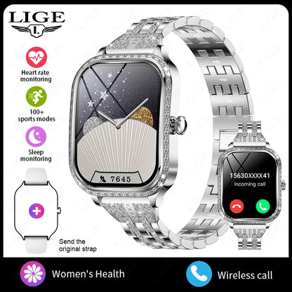 LIGE Fashion Design Women Smart Watch 1.75" Curved Screen Smartwatch Bluetooth Call Clock IP68 Waterproof Diamond Case Bracelet