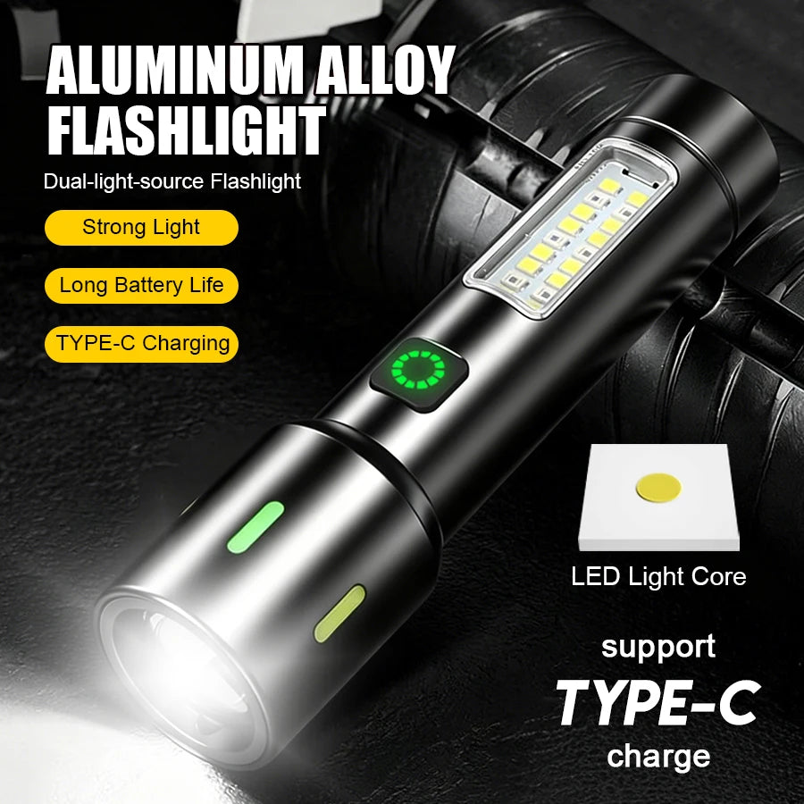 LED+COB Portable Flashlight Zoomable Small Torch USB Rechargeable Outdoor Camping Fishing Long Range Camping Emergency Lantern