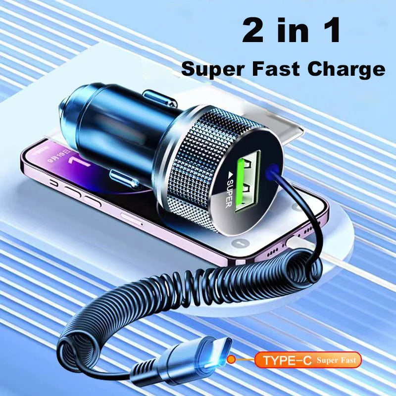Ładowarka samochodowa EDEBA Metal USB z kablem Type-C 12 V Super szybkie ładowanie, adapter samochodowy 2 w 1 do iPhone'a, Samsunga, Huawei, VIVO, OPPO