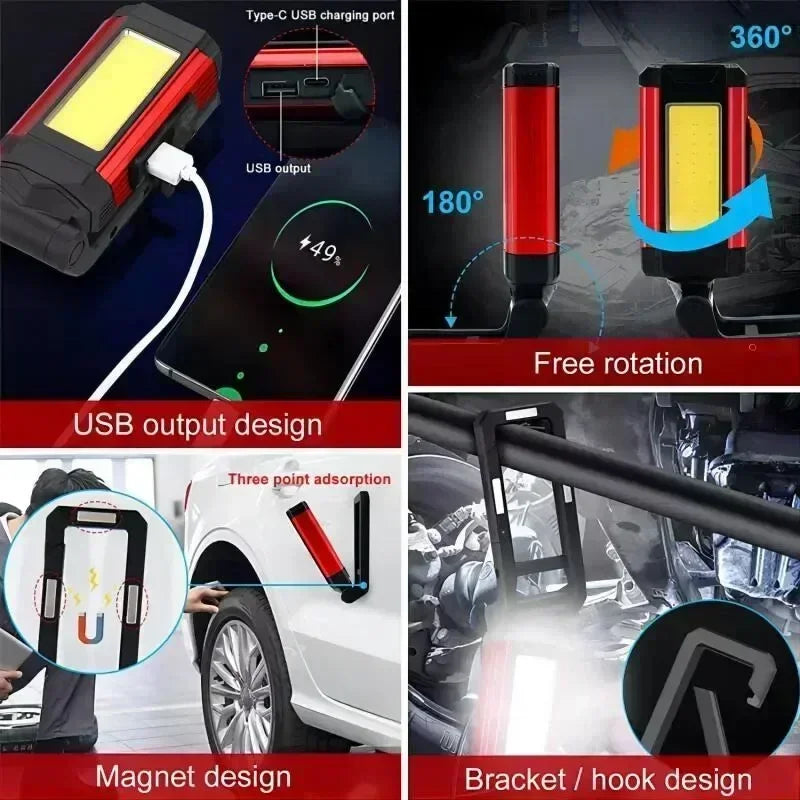 USB Rechargeable LED Flashlight with Magnetic COB Work Light Portable Camping Lantern Type-C Power Bank Function Lamp