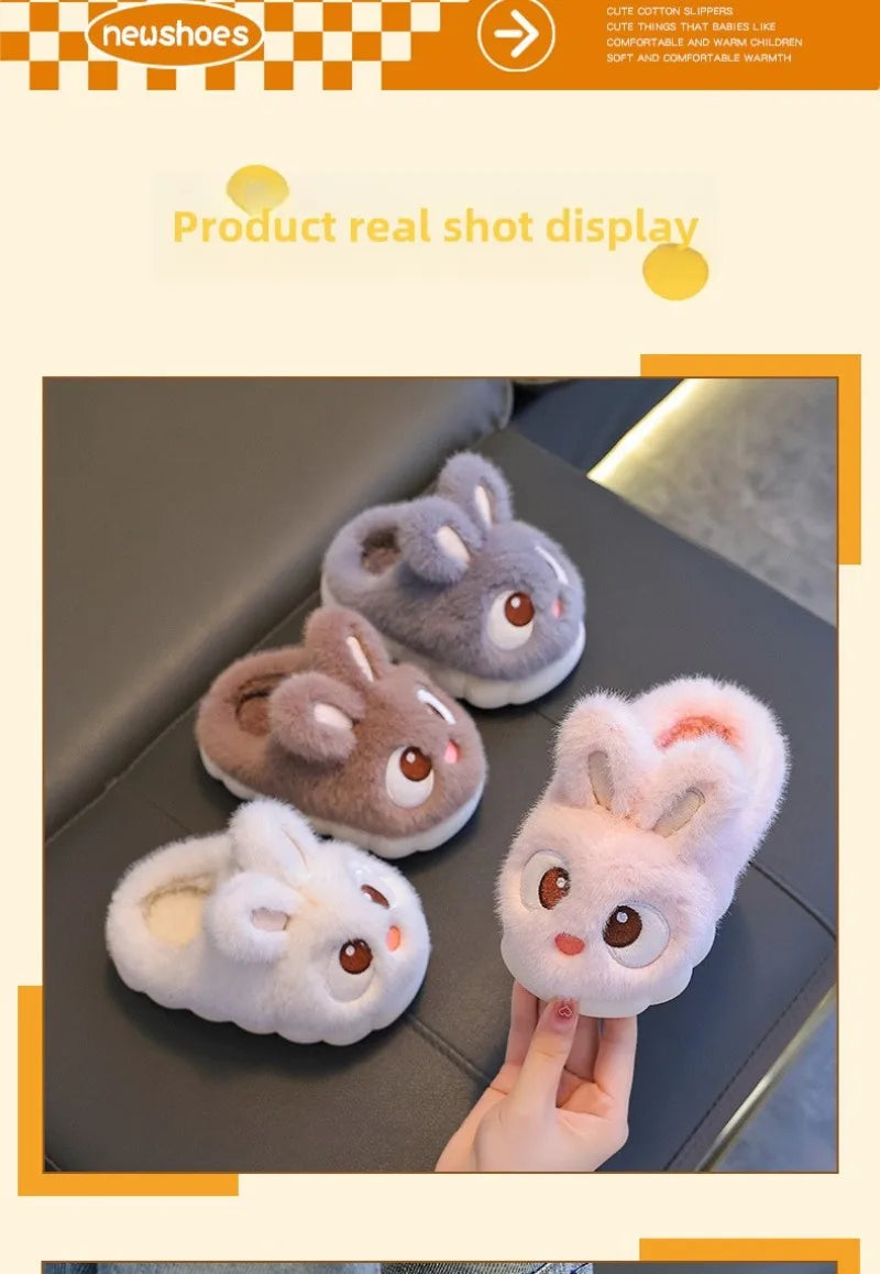 New Winter Cute Big eyed Rabbit Children's Waterproof Warm Non-slip Fluffy Slippers For Girls Boys Kids Indoor Home Cotton Shoes