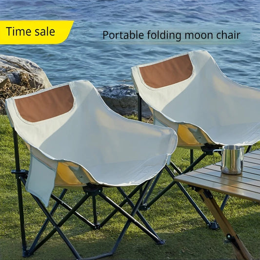 Portable Folding Outdoor Moon Chair Camping Sketching Chair Fishing Stool Back/Leg Support Folding Chair with Storage Bag