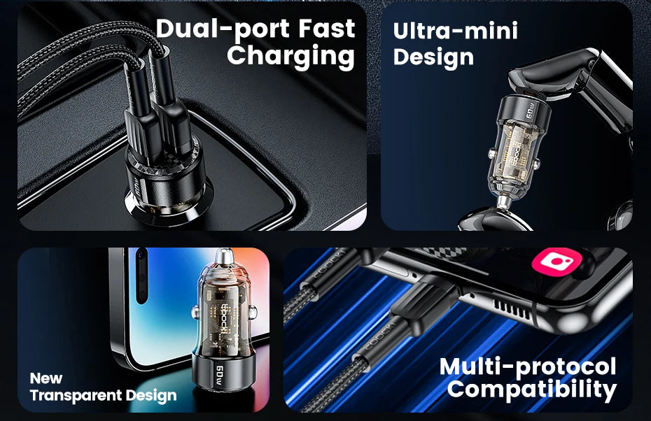 Toocki Transparent USB Type C Car Charger PD QC 3.0 Fast Charging 60W USB C Car Mobile Phone Charger Adapter For iphone Android