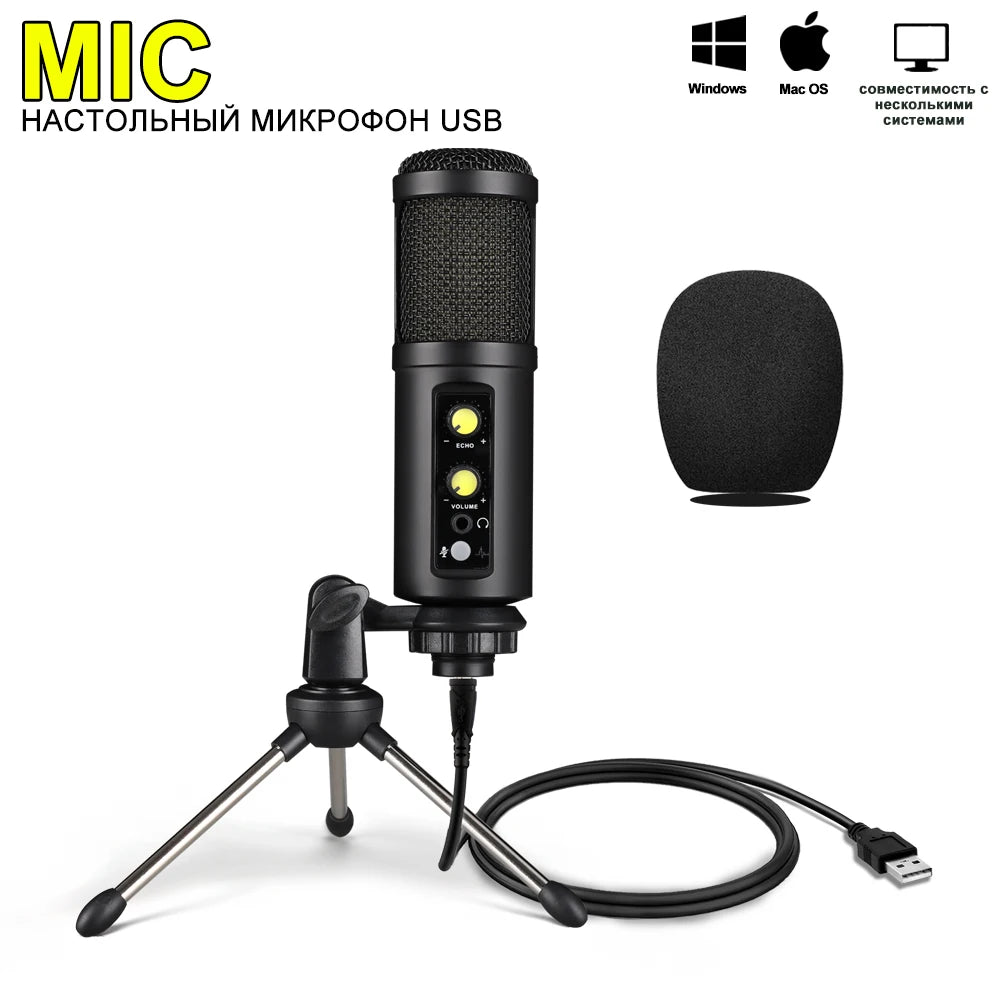 Metal USB Microphone,with Headphone Output,Volume and Echo Control,Mute Button,Condenser Gaming Mic for PC/Laptop,for Singing